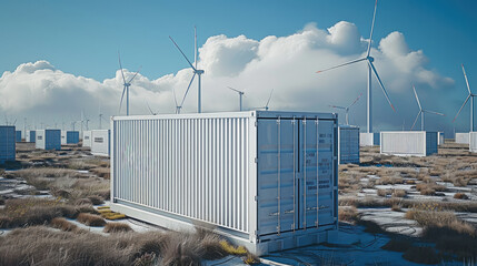 Aufkleber - An energy storage container with solar panels and wind turbines in the background.
