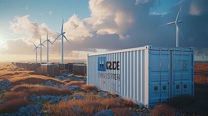 Aufkleber - An energy storage container with solar panels and wind turbines in the background.