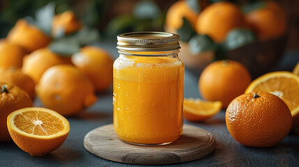 A glass jar of orange juice, surrounded by oranges, with some cut open to reveal the vibrant color and juicy texture inside. The background is filled with whole or sliced oranges.