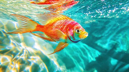   A photo of a close-up fish in water under the sun's rays, illuminating the fish and its surroundings