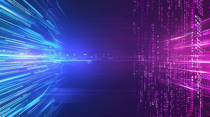 Abstract digital background with blue and purple glowing lines and binary code.