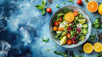 Wall Mural -   A bowl of salad with tomatoes, cucumbers, lettuce, and oranges on a blue surface