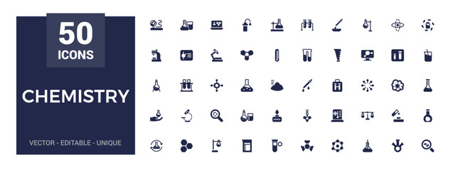 Wall Mural - chemistry lab icons set. related to showing assorted experiments. filled icon collection, glyph icon