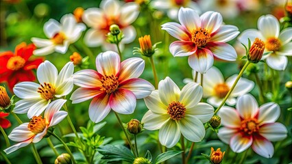 Wall Mural - Elegant Bidens alba blossoms fully bloom amidst vibrant green foliage, creating a stunning natural setting that highlights their beauty and enhances the landscape's charm.