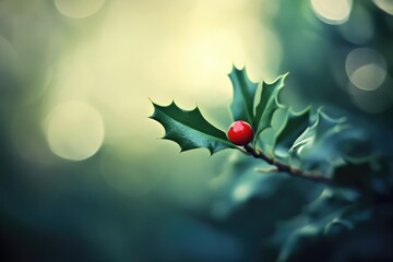 Poster - A Single Red Holly Berry on a Sprig of Holly with Blurred Green Background