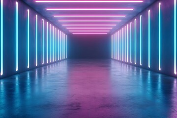 futuristic neon infused corridor with vibrant lighting geometric shapes and a blank call to action s