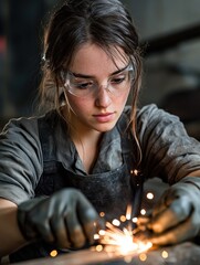 A woman wearing a grey apron and goggles is working with a piece of metal