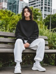 Wall Mural - A woman is sitting on a bench in a park wearing a black sweatshirt