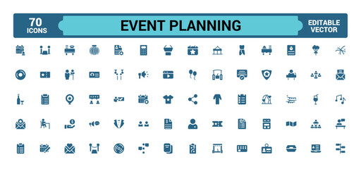 Event planning icons collection. Related to decorations, venue, glyph icon for web and ui. Filled icons pack, Solid icon set. Vector illustration.