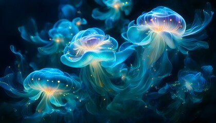 Poster - Underwater Wonders: Close-Up of Bioluminescent Organisms Illuminating a Mystical Scene