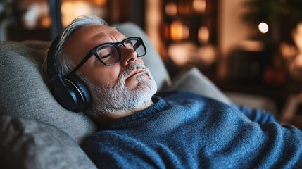 A man wearing glasses and headphones is sleeping on a couch