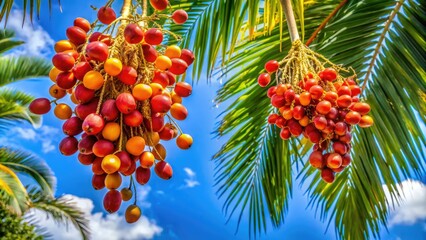 Lush green fronds cradle vibrant palm tree berries, suspended against a brilliant blue tropical sky, creating a scene that embodies the beauty of paradise and serenity.