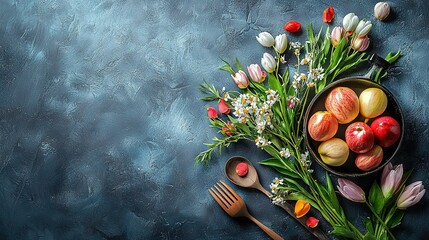 Wall Mural -   A bowl of eggs on top of a table next to a fork and a bowl of flowers