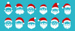© MicroOne - Santa head with hat and barb set. Santa wearing Claus red hat with glasses and moustache. Holiday party mask winter clothes. Simple flat style isolated vector clipart collection on blue background