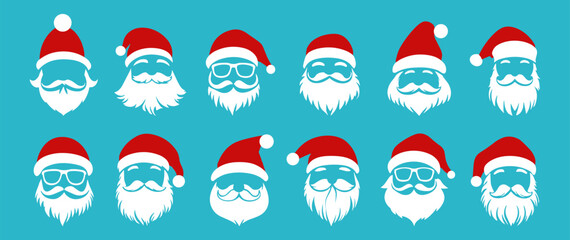 Wall Mural - Santa head with hat and barb set. Santa wearing Claus red hat with glasses and moustache. Holiday party mask winter clothes. Simple flat style isolated vector clipart collection on blue background