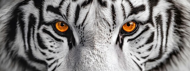 White tiger, white background, orange eyes, symmetrical composition, symmetrical close-up photo of face