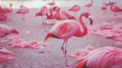 Canvas Print -   A group of flamingos standing atop a beach beside water under bright sunlight