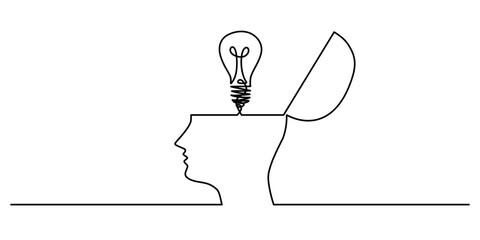 Wall Mural - minimalist one line drawing of an open head with a lightbulb, depicting creativity and ideas.