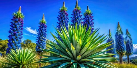 Wall Mural - The eye-catching Puya plant features sharp green leaves, adorned with brilliant blue flowers, all framed by a bright, clear sky, creating a breathtaking scene.