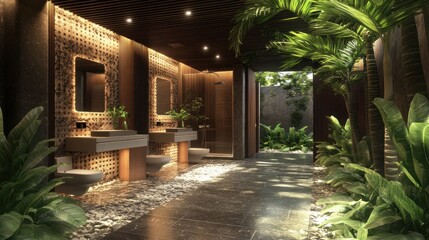 Wall Mural - Modern Bathroom with Lush Greenery and Natural Light