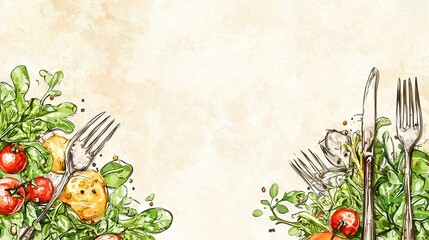 Wall Mural -  A picture shows a dish with a fork and knife at its center, while another fork rests on top