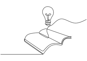 Wall Mural - one line drawing of a light bulb on an open book. symbolizing ideas and knowledge.