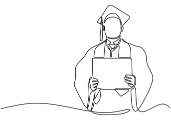 Wall Mural - One line drawing of a man in a graduation cap and gown. Celebrating academic success.