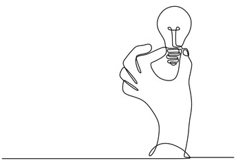 One line drawing of a hand holding a light bulb. Symbolizing innovation and ideas.