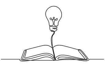 Wall Mural - one line drawing of a light bulb on an open book. minimalist focus on ideas.