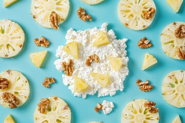 Fresh cottage cheese with pineapple and walnuts on a turquoise background