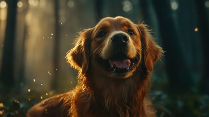 Wall Mural -   A photo of a dog's face, closely zoomed in, surrounded by tree trunks and sunbeams filtering through the leaves in a wooded setting