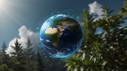 The earth with environment ecology sign hologram on natural background. Generative AI