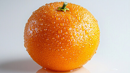 A macro image of a fresh, juicy orange, showcasing its wet texture and bright color, with a simple white backdrop