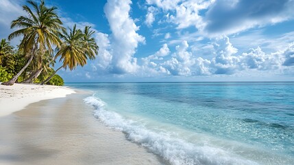 A white sand beach with palm trees and blue water.