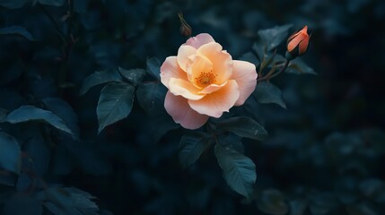 Wall Mural - A delicate pink rose blossoms among lush green leaves during a serene twilight in a garden