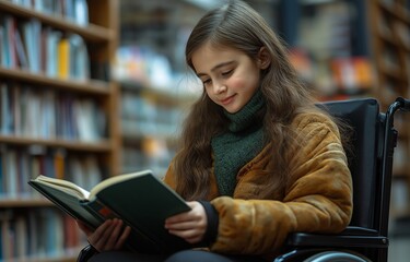 picture of a cute disabled student studying a book in a wheelchair at a library.