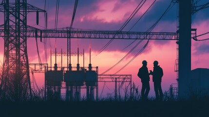 silhouettes of two engineers standing at a power station, discussing plans, industrial, pollution, f