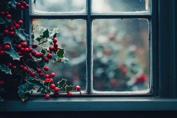 Poster - Holly Branch Resting on a Window Sill