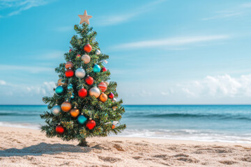 A festive Christmas tree with ornaments stands on a sandy beach by the ocean, blending holiday cheer with a coastal setting.
