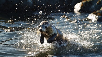 Wall Mural - A young seal leaping out of the water, creating a spray of water droplets as it emerges from the ocean.