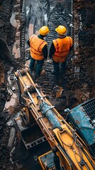 Two construction workers observing a site with heavy machinery in a muddy environment.