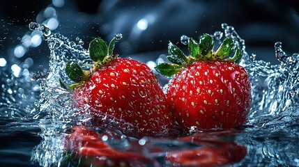 Wall Mural -   Two strawberries splash into water, both surfaces hit with a splash