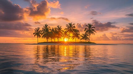 Canvas Print - Silhouettes of palm trees on a small island at sunset with a beautiful orange and pink sky.