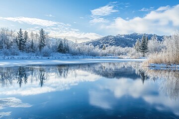 Sticker - Snow-Covered Trees Reflected in a Still Winter Lake