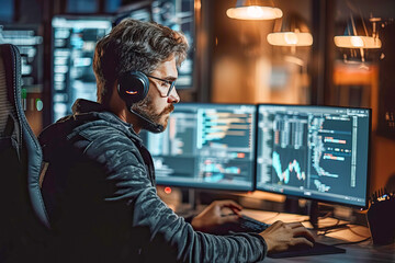 Software developer working on computers in office at night with multiple monitors