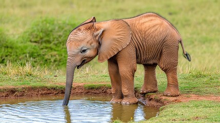 Wall Mural -   A baby elephant stands before water, its trunk in its mouth