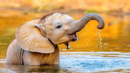 Sticker -   An adorable baby elephant gracefully stands in a serene body of water with its trunk elegantly raised towards the sky Its mouth is slightly open, revealing its soft pink gums,