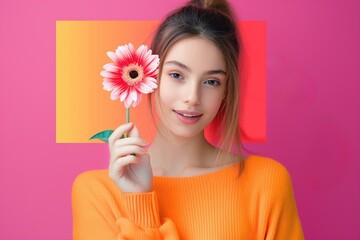 Young caucasian woman with flower in hand on colorful background. Concept of social connection and online communication. Woman smiles, happy, carefree, chatting with friends on social media.