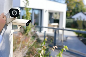 Young male person stands in front of large computer screen displaying live from home security cameras. Modern technology, safety of private property concept. CCTV monitoring system, smart security