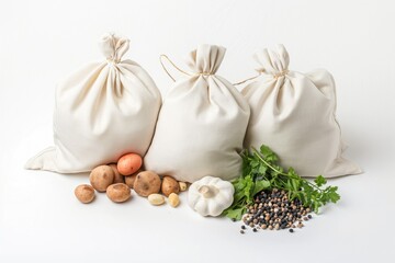 Cotton bags contain fresh food products on a white background. Zero waste concept promotes sustainable lifestyle. Eco-friendly cotton bags store healthy groceries in a clean and organized manner.